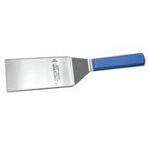Dexter spatula front view showing blue handle and stainless blade for controlled flipping
