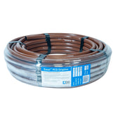 DIG front view of 100ft Excel PCD dripline showing brown tubing and label benefit: clear identification