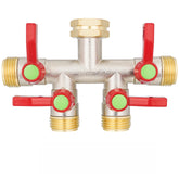 DINGBAI front view of 4-way brass splitter showing sturdy construction and benefits