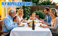 Dispest fan hanging above buffet offering hands-free insect deterrent benefit