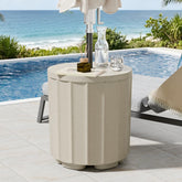 Diyfire front view of umbrella side table showing stable base and tabletop benefit