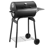 DNKMOR front view of barrel charcoal grill showing cooking area and lid benefit: large capacity