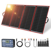 DOKIO 300W panel front view showing foldable panels and easy transport benefit