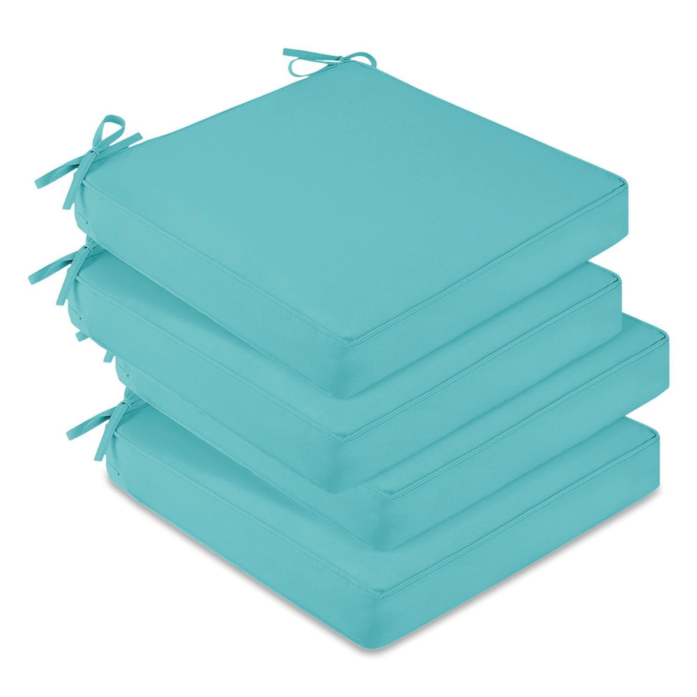downluxe front view of teal 4-pack cushion set showing tidy packaging and color, enhancing patio style