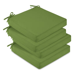 downluxe front view of four grass green cushions showing neat stack and packaging, durable comfort