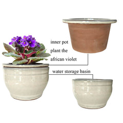 Dphagesy pot-in-pot side cutaway demonstrating self-watering reservoir function