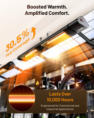 DR. INFRARED HEATER mounted on a patio ceiling delivering focused warmth to seating area