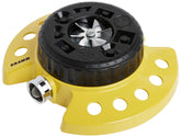 Dramm front view of yellow sprinkler showing shape and stability