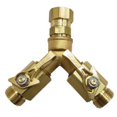 Dramm twin brass front view showing dual outlets and durable build for reliable control