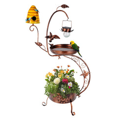 DREAMSOUL front view of 3-in-1 bird bath showing house, basin, and planter for inviting birds