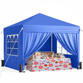 Driftalia front view of blue 10x10 canopy showing full shelter and coverage benefit