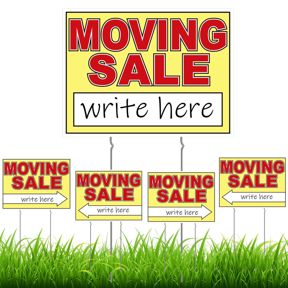 Drydiet front view of packaged five red and yellow yard sale signs showing benefit of visibility