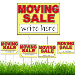 Drydiet front view of packaged five red and yellow yard sale signs showing benefit of visibility