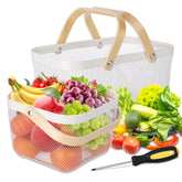 Dualshine front view of two white metal mesh baskets showing set and design benefits