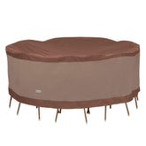 Duck Covers front packaging showing fit for 108-inch round set and benefit of protection