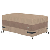 Duck Covers front view showing full 54" rectangular fire pit protection and neat fit