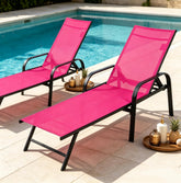 DUMOS front view of assembled chaise pair showing inviting poolside seating