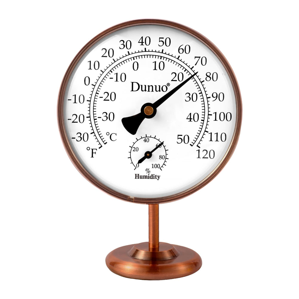 DUNUO front view brass thermometer showing readable dual-scale dial and humidity