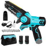 DURATECH mini chainsaw front view showing compact body and guide bar benefit portability