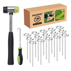 DUUKFE front packaging showing 100 galvanized staples and included tools for reliable anchoring