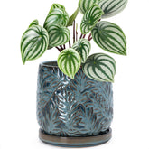 D'vine Dev front view of ocean teal planter showing embossed leaves and shape benefit: decorative focal point