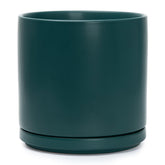D'vine Dev front view of teal planter showing modern cylinder and neat finish benefit display