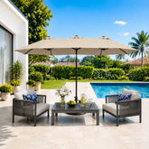 DWVO front view of 13ft umbrella showing full shaded coverage and elegant beige finish