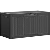 DWVO front view of deck box showing sleek black storage and organized patio benefit