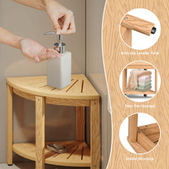 DWVO teak lower shelf detail holding towels for better shower organization