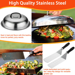 DY DECENT FAMILY close-up of spatula and burger press showing sturdy metal and ergonomic grips