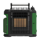 Dyna-Glo front view showing green finish and controls, portable warmth for small spaces
