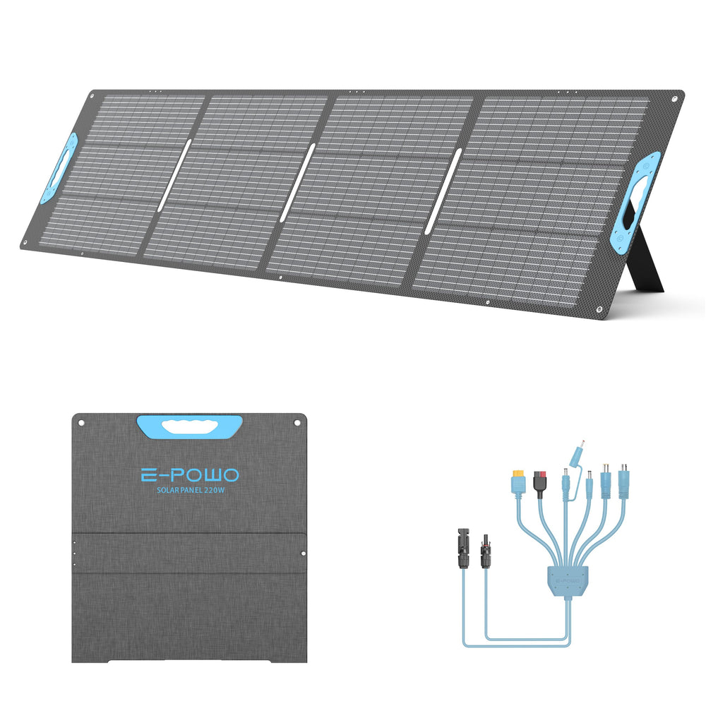 E-POWO folded 220W panel front view showing compact portability and quick transport
