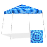 EAGLE PEAK front view tie dye blue canopy showing portable shade benefit