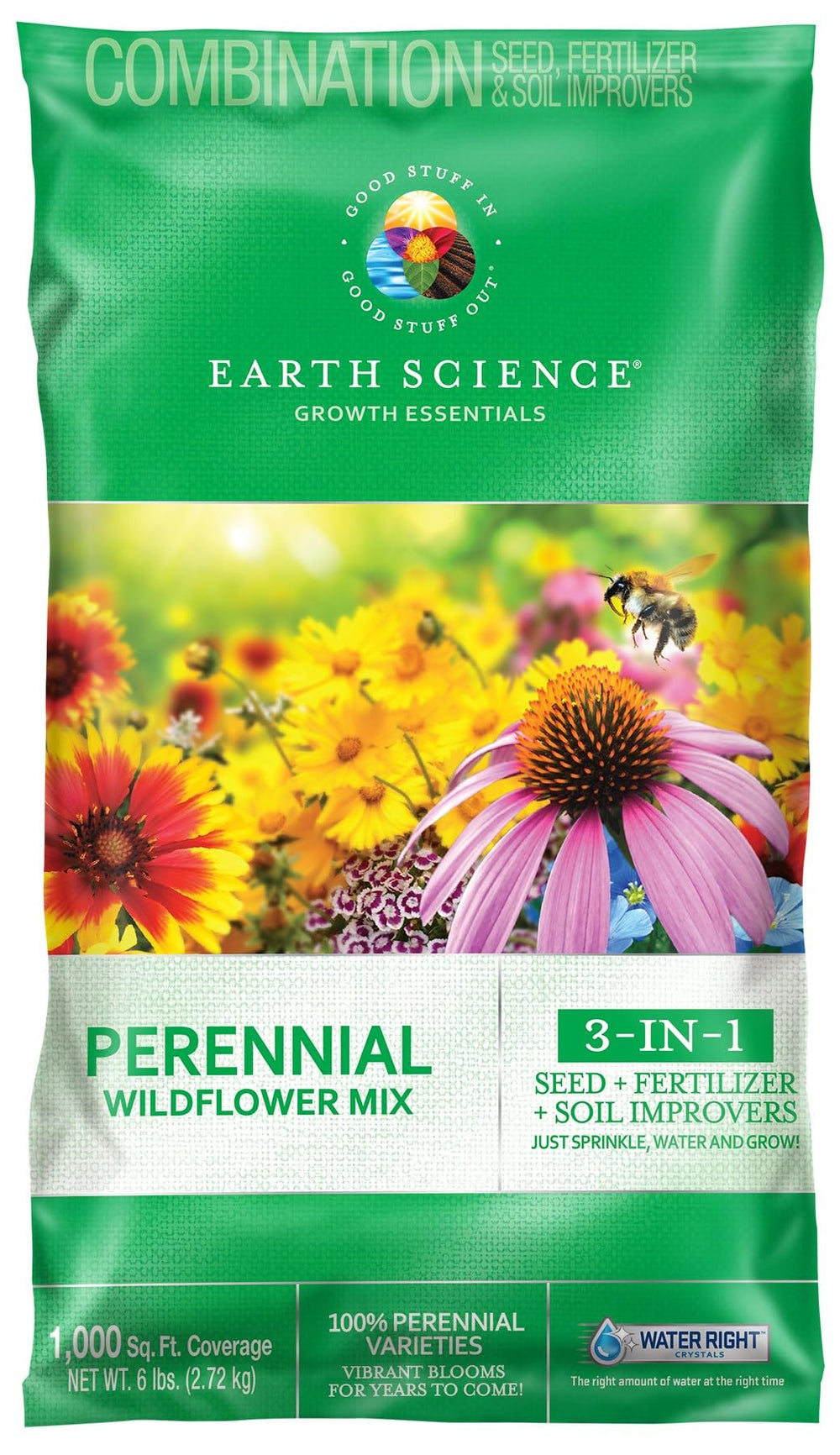 Earth Science front pouch showing 6 lb bag and product benefits