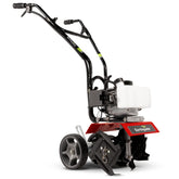 EARTHQUAKE MC33 front view showing compact cultivator and handle, easy maneuvering benefit