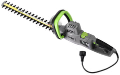 Earthwise hedge trimmer head angled to show 18-inch blade cutting benefit