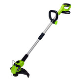Earthwise trimmer front view showing compact cutting head and clean profile for easy maneuvering