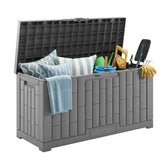 EAST OAK front view of deck box showing roomy storage and weatherproof benefit
