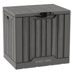 EAST OAK front view of deck box showing compact footprint and durable finish
