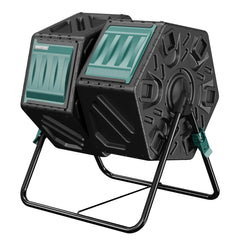 EAST OAK front view showing dual-chamber tumbler for easy composting