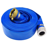 Eastrans front view of blue discharge hose showing full packaged length and connectors for quick setup