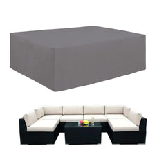 Easy-Going front view of full rectangular cover protecting patio set, shows weather protection