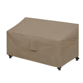 Easy-Going front view of camel cover protecting loveseat, shows full coverage benefit
