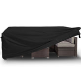 Easy-Going front view of rectangle cover protecting patio set, keeps furniture dry