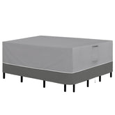 Easy-Going front view of cover on rectangular table set protects from rain
