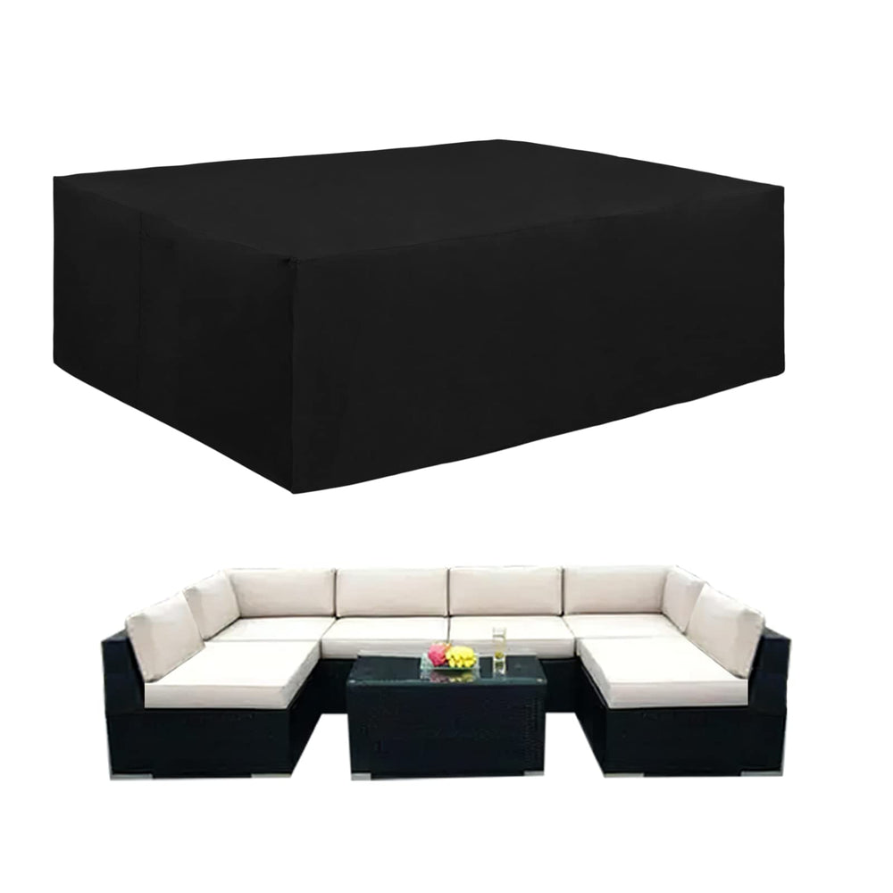 Easy-Going front view of rectangular cover protecting table set, shows full fit