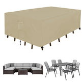 Easy-Going front view of rectangular cover protecting outdoor table set, showing full coverage and neat fit