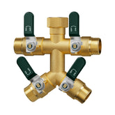 EBH front view of 4-way brass splitter showing sturdy body and four outlets - reliable multi-hose use