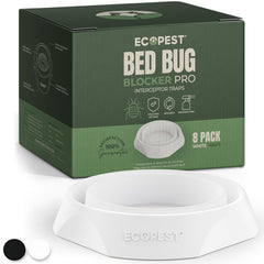 ECOPEST front packaging showing eight white bed bug interceptors and benefits