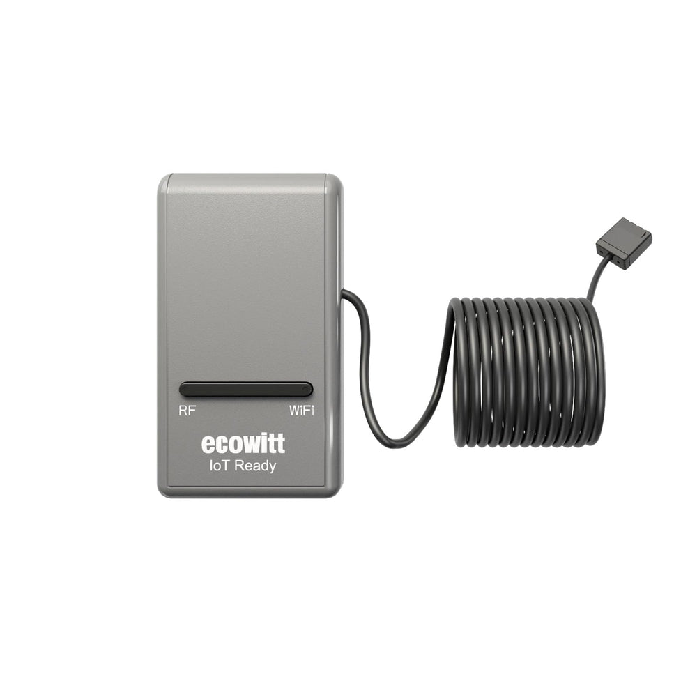 ECOWITT GW1200 front view showing compact gateway and indoor sensor, clear monitoring benefit